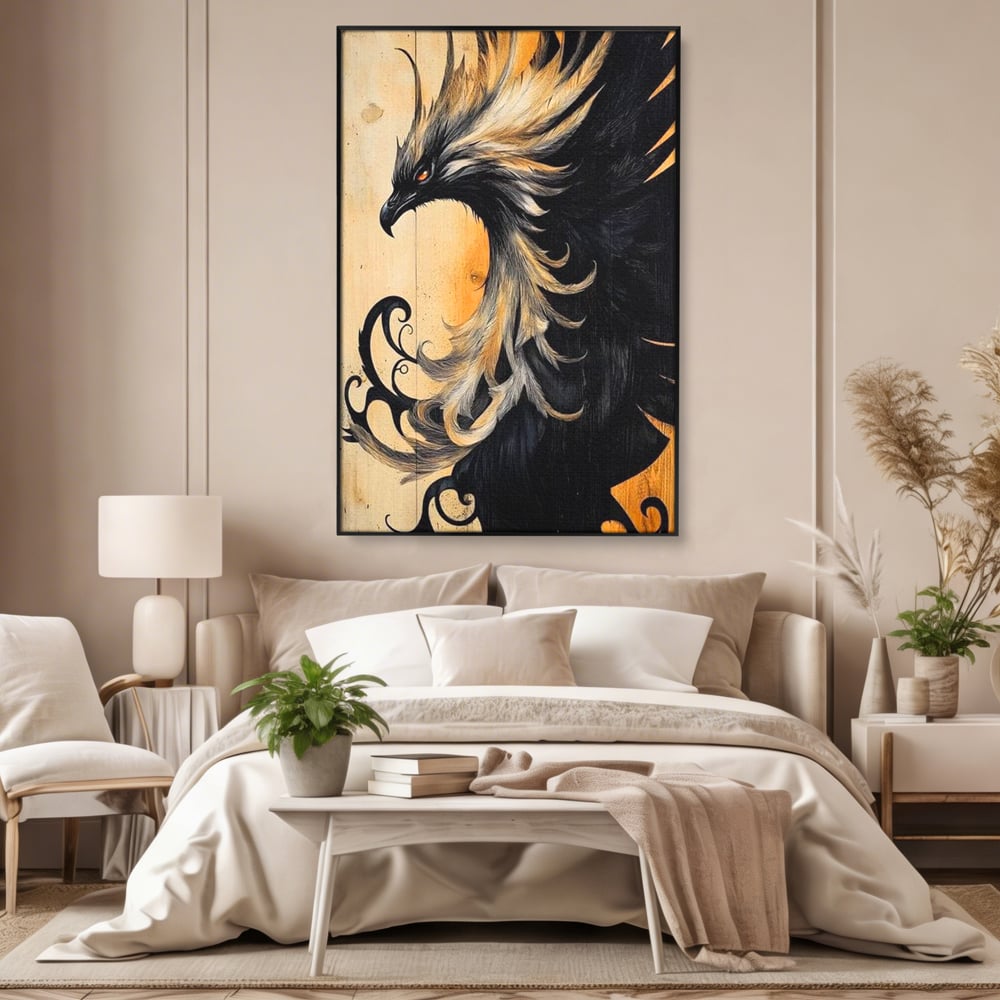 Tablou canvas cu tablou canvas cu pasare mitologica phoenix, in rama de aluminiu negru, pe perete intr-un dormitor